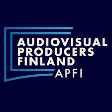 Apfi ry:n logo, jossa teksti Audiovisual Producers Finland APFI mustalla ja tummansinisellä pohjalla.